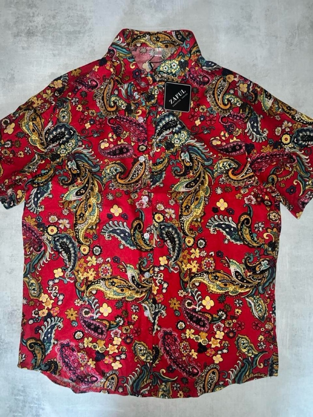 Zaful Red Paisley Print Short Sleeve Button-Up Shirt